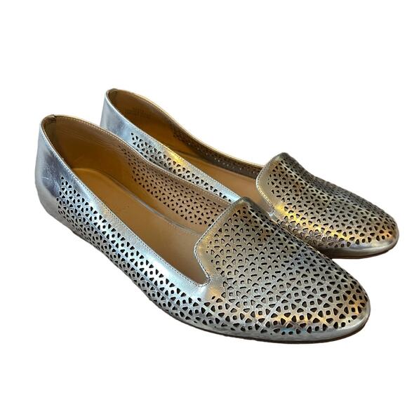 J Crew 9.5 Silver Metallic Lasercut Italian LEATHER Ballet Flats Slip On Loafers - Picture 2 of 10